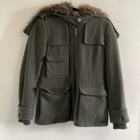 𝅺Aritzia Community  Army Green Wool Winter Short parka pea Coat jacket S - Picture 1 of 13
